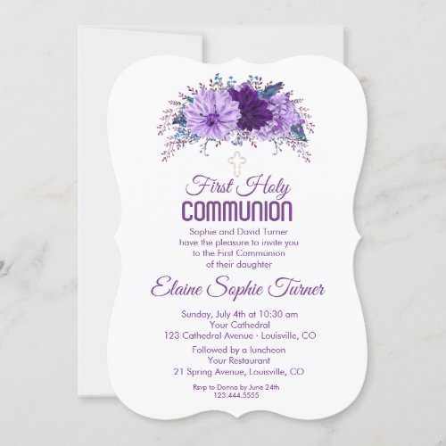Lavender Floral Plum Purple First Holy Communion Invitation