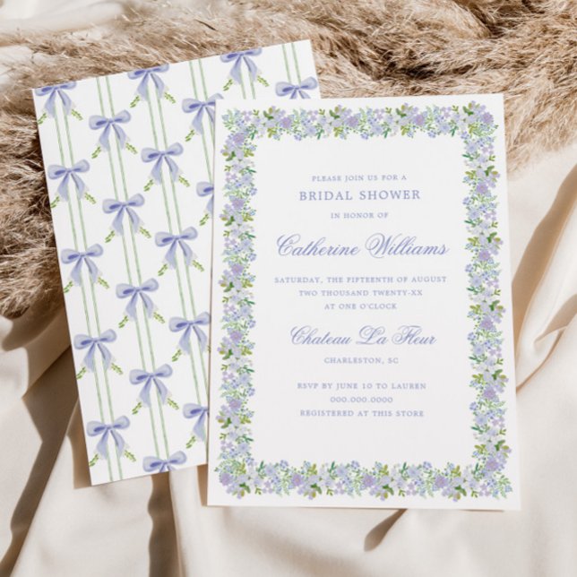 Lavender Floral Preppy Bow Stripe Bridal Shower Invitation (Creator Uploaded)