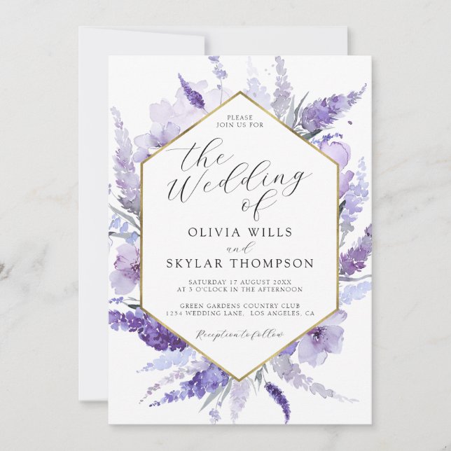Lavender Floral Purple Lilac Golden Frame Wedding  Invitation (Front)