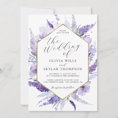 Lavender Floral Purple Lilac Golden Frame Wedding  Invitation