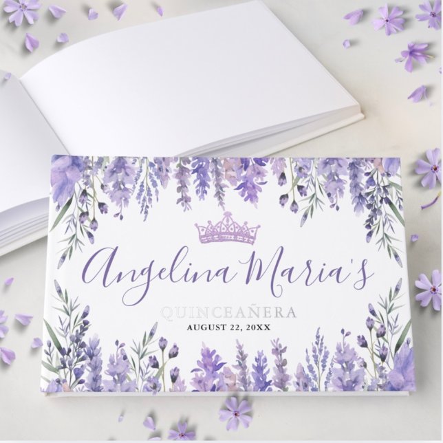 Lavender Floral Purple Quinceanera Foil Guest Book (Lavender Floral Purple Quinceanera Foil Guest Book)