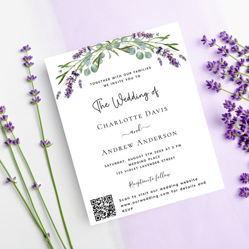 Lavender floral QR RSVP budget wedding invitation