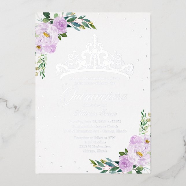 Lavender Floral Quinceanera Foil Invitation (Front)