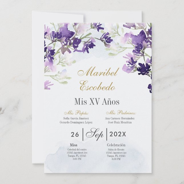 Lavender floral Quinceanera invitation (Front)