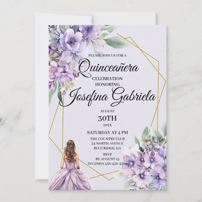 Lavender floral Quinceañera Invitation (Front)