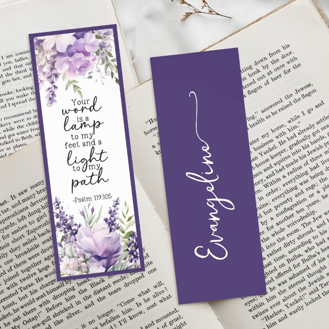 Lavender Floral Religious Bible Verse Custom Name Bookmarks (Creator Uploaded)