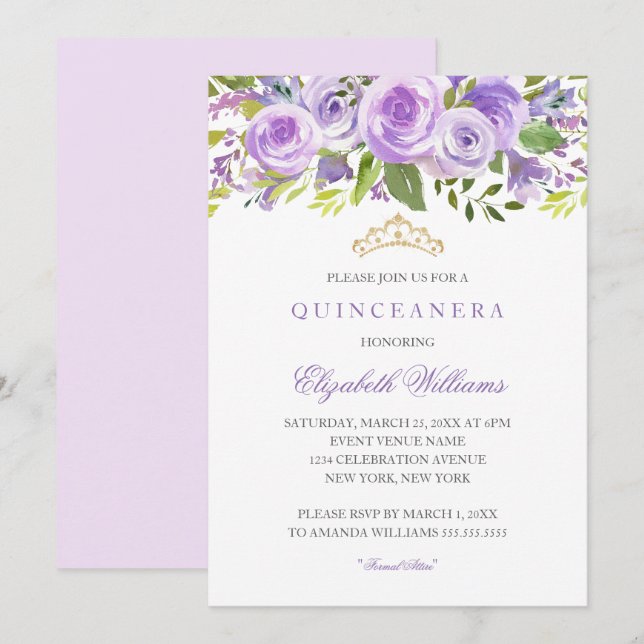 Lavender Floral Rose Quinceanera Invitation (Front/Back)