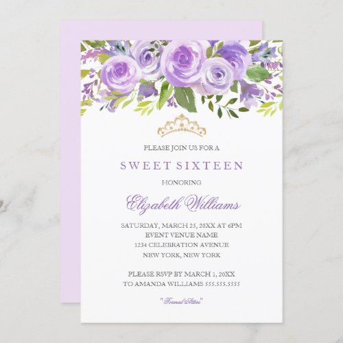 Lavender Floral Rose Sweet Sixteen Invitation