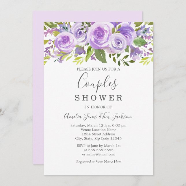 Lavender Floral Rose Wedding Couples Shower Invitation (Front/Back)