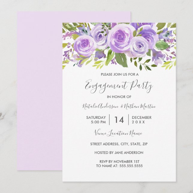 Lavender Floral Rose Wedding Engagement Party Invitation (Front/Back)