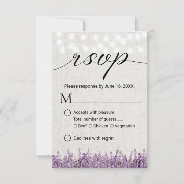 Lavender Floral Rustic Linen Wedding RSVP (Front)