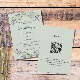 Lavender floral sage green QR luxury wedding Invitation