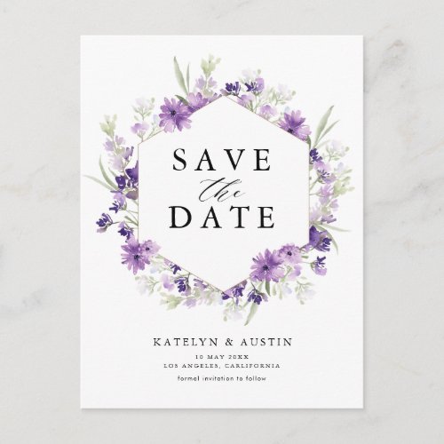 lavender floral save the date postcard