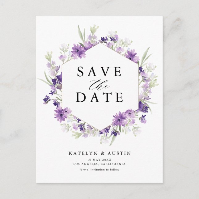 lavender floral save the date postcard (Front)