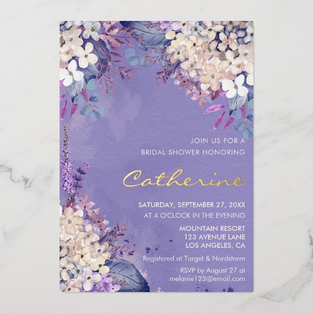 Lavender Floral Spring Wedding Bridal Shower Foil Invitation (Front)