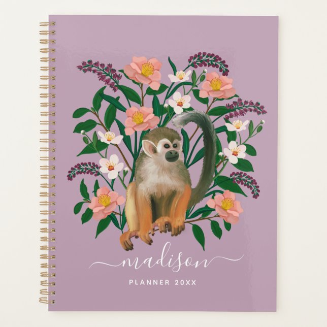 Lavender Floral Squirrel Monkey Personalized 2023 Planner (Front)