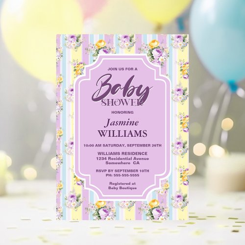 Lavender Floral Striped Baby Shower Invitation