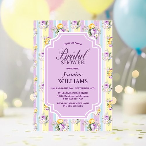 Lavender Floral Striped Bridal Shower Invitation