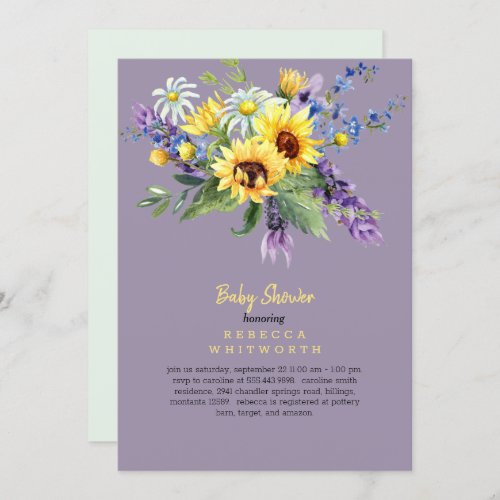 Lavender Floral Sunflower In Person Baby Shower Invitation