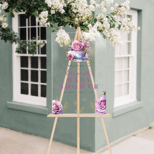 Lavender Floral Tea Cup Baby Shower Welcome Acrylic Sign