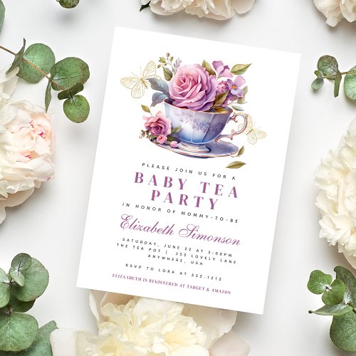 Lavender Floral Tea Cup Baby Tea Party Baby Shower Invitation