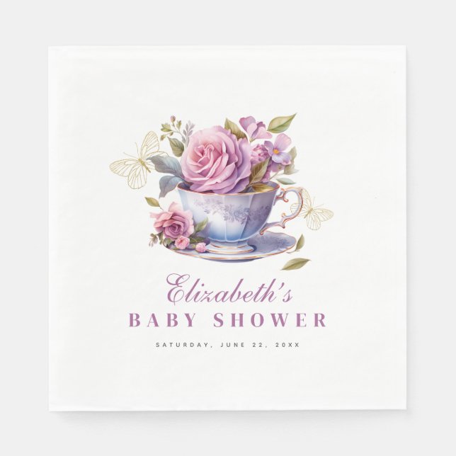 Lavender Floral Tea Cup Baby Tea Party Baby Shower Napkins (Front)