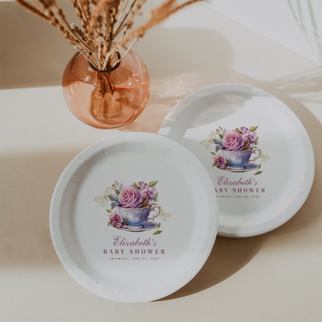 Lavender Floral Tea Cup Baby Tea Party Baby Shower Paper Plates (Lavender Floral Tea Cup Baby Tea Party Baby Shower Paper Plates #babyteaparty
#butterflybabyshower)