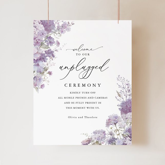 Lavender Floral Unplugged Ceremony Wedding Sign (Lavender floral unplugged ceremony sign, watercolor hydrangea, lilac purple wedding ceremony sign)