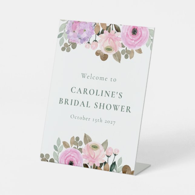 Lavender Floral Watercolor Bridal Shower Welcome  Pedestal Sign (Front)