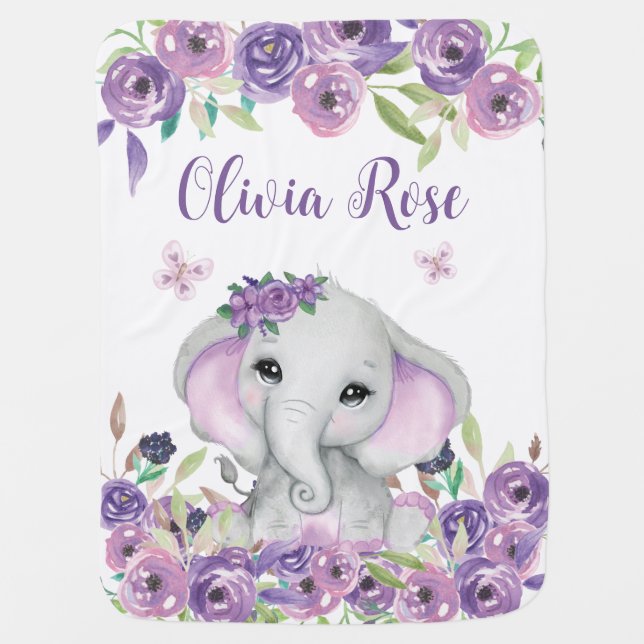  Lavender Floral Watercolor Elephant    Baby Blanket (Front)