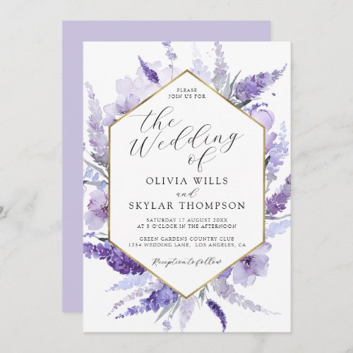 Lavender Floral Watercolor Gold Frame Wedding  Invitation