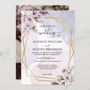 Lavender Floral Watercolor Gold Geometric Wedding Invitation
