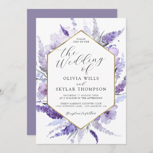 Lavender Floral Watercolor Golden Frame Wedding  Invitation