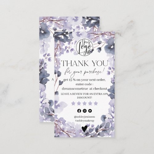 Lavender floral watercolor review order thank you business card