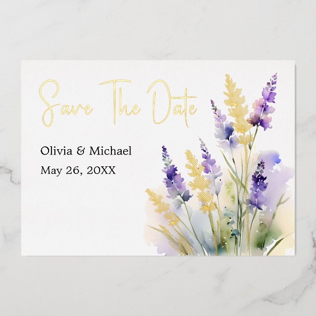 Lavender floral Watercolor Save the Dates card (Front)