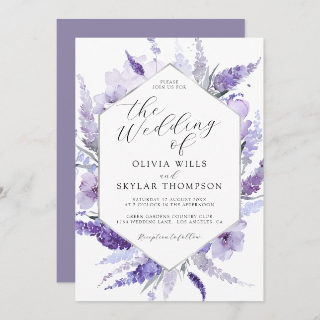 Lavender Floral Watercolor Silver Frame Wedding  Invitation (Front/Back)