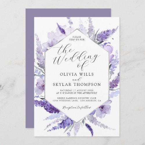Lavender Floral Watercolor Silver Frame Wedding  Invitation