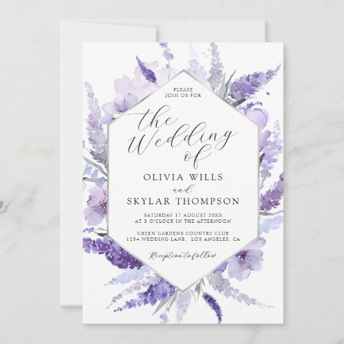 Lavender Floral Watercolor Silver Purple Wedding  Invitation