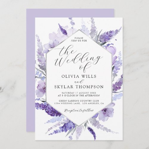 Lavender Floral Watercolor Silver Wedding  Invitation