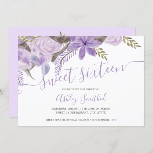 Lavender floral watercolor typography Sweet 16 Invitation