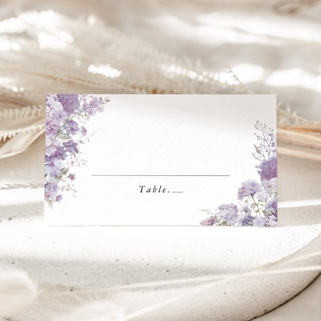 Lavender Floral Watercolor Wedding Place Card (Lavender floral wedding place cards, tent style, watercolor hydrangea, escort cards, elegant table)
