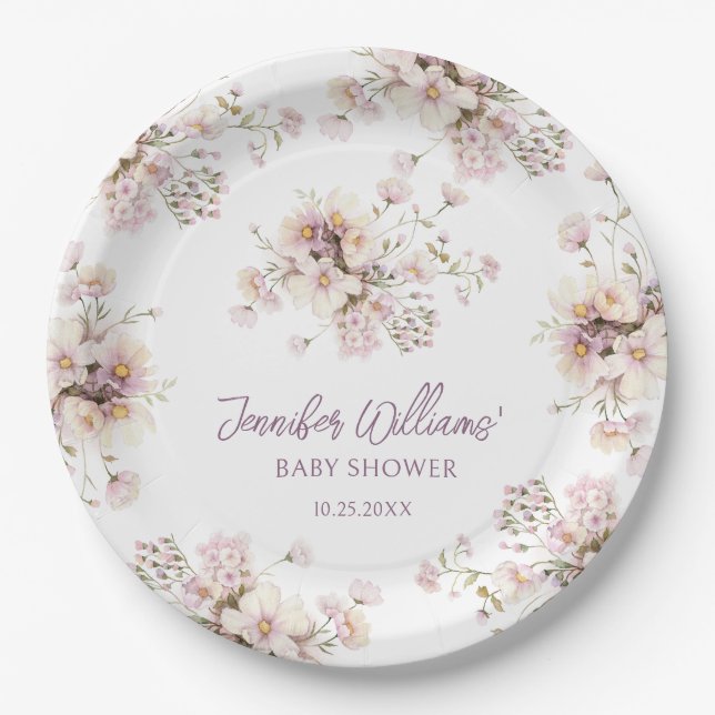 Lavender floral wildflower girl baby shower paper plates (Front)