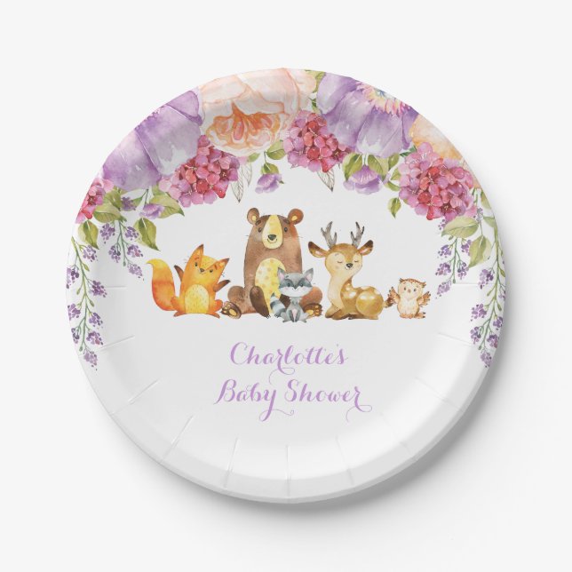 Lavender Floral Woodland Animals Baby Shower Paper Plates (Front)