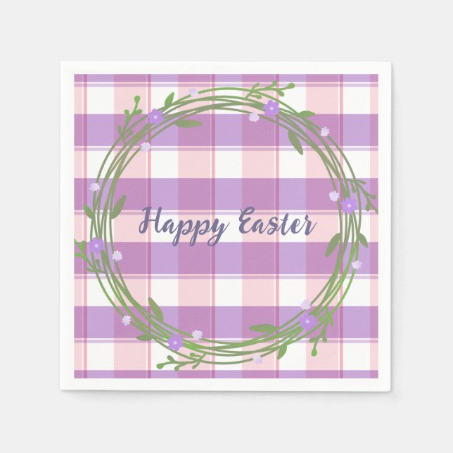 Lavender Floral Wreath Pink Check Custom Easter  Napkins (Front)