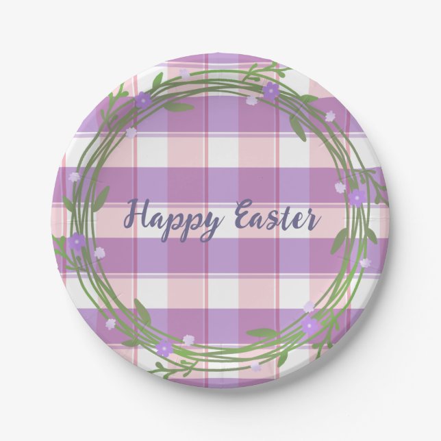 Lavender Floral Wreath Pink Check Custom Easter Paper Plates (Front)