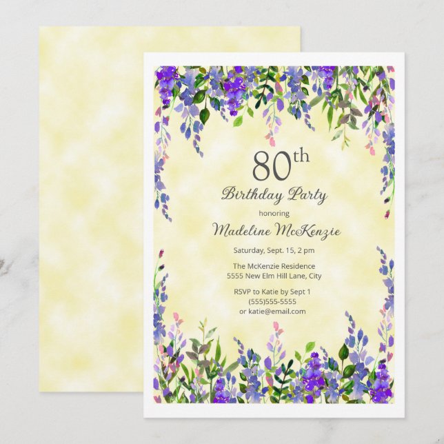 Lavender Floral Yellow 80th Birthday Party  Invitation (Front/Back)