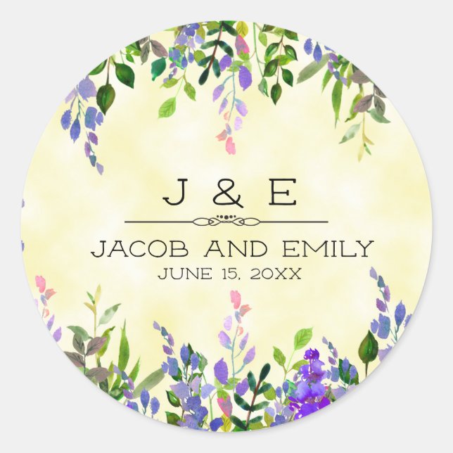 Lavender Floral Yellow Wedding Thank You Monogram Classic Round Sticker (Front)