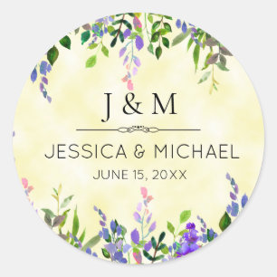 Lavender Floral Yellow Wedding Thank You Monogram Classic Round Sticker
