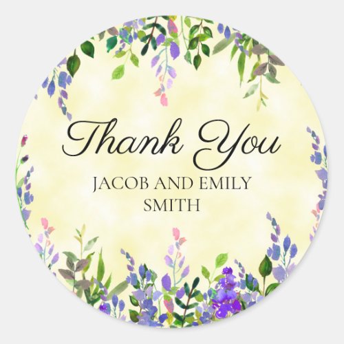 Lavender Floral Yellow Wedding Thank You Sticker