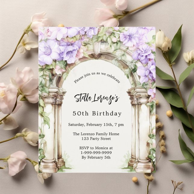 Lavender florals arch beige birthday invitation (Creator Uploaded)
